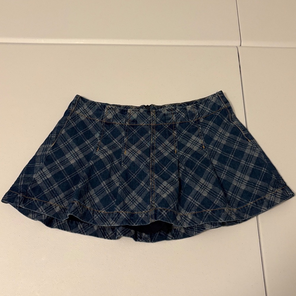 Altar'd State Blue Plaid Pleated Mini Skort Denim Look School Girl Y2K Small d5